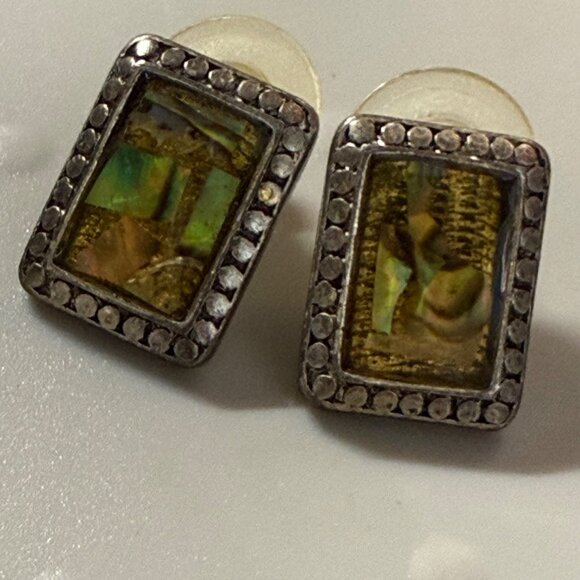 Vintage Silver Tone Pendant & Earrings Set Iridescent Abalone Shell Insets - Picture 11 of 16